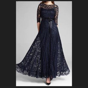 RICKIE FREEMAN FOR TERI JON 3/4-Sleeve Lace Overlay Gown gown w vertical pintuck